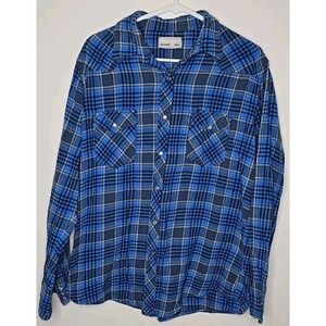 Wrangler Wrancher Mens Shirt L Blue Flannel Western Pearl Snap Chest Pockets‎